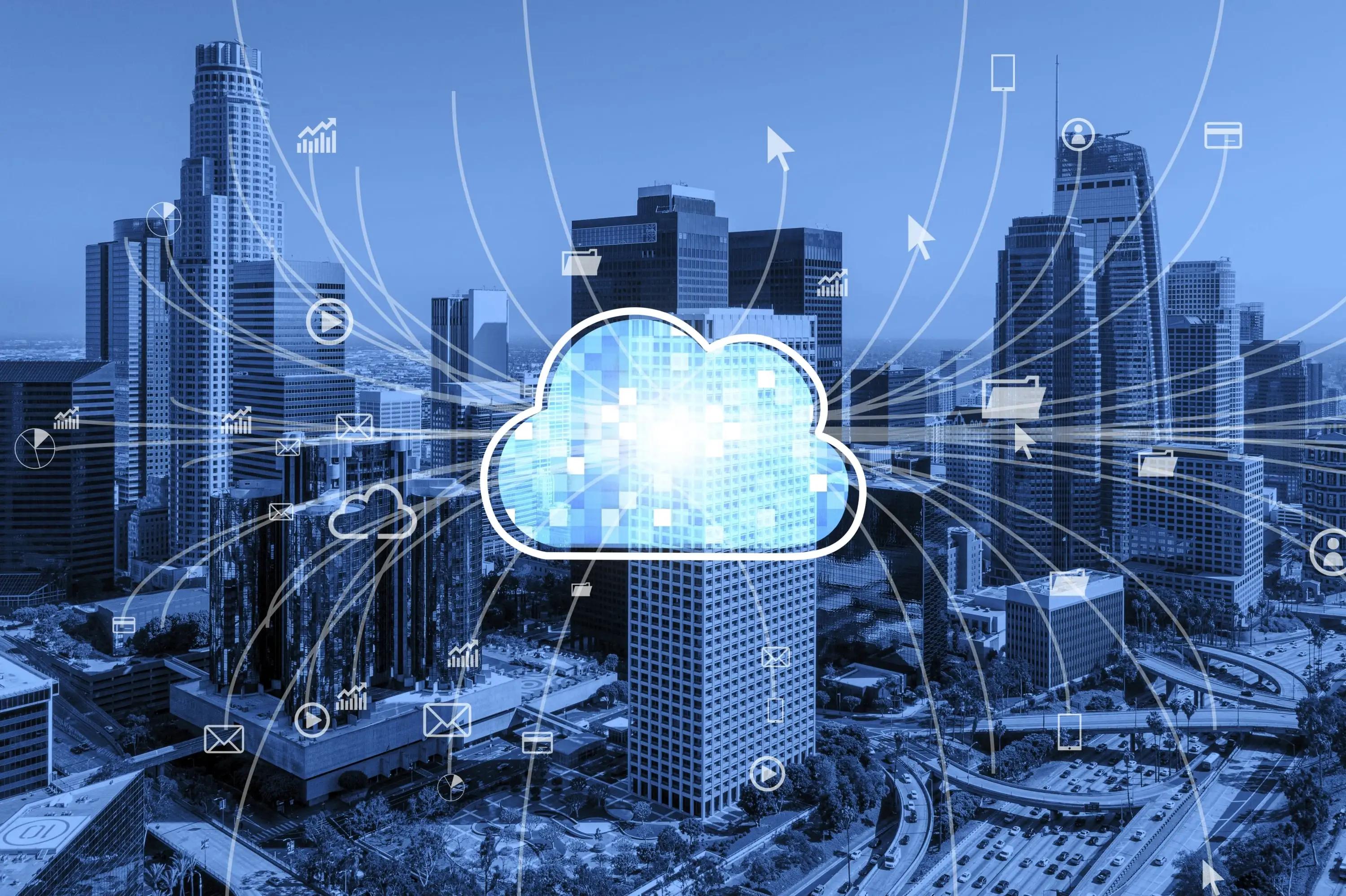 Cloud on a skyline background connecting various services